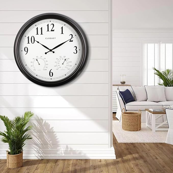 CLXEAST 16 Inch Indoor Outdoor Clocks Waterproof, Large Outdoor Clock with Temperature and Humidity for Patio,Porch,Pool,Oil Rubbed Bronze Black Finish