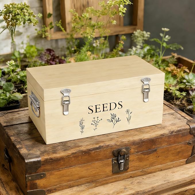 Bamboo Seed Storage Organizer, Large Garden Seed Organizer with Lid & Safety Lock & Handles, Seed Box Includes Seed Envelopes and Labels etc, Great Gifts Gardening Kit (Wood)