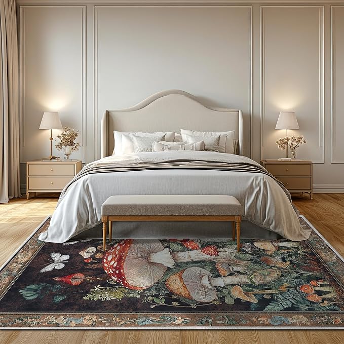 Botanical Mushroom Area Rug for Living Room Vintage Butterfly 5x7 Entryway Rug Modern Farmhouse Mushrooms Rugs Non Slip Low Pile Machine Washable Floor Carpet for Indoor Bedroom Dining Room Kitchen
