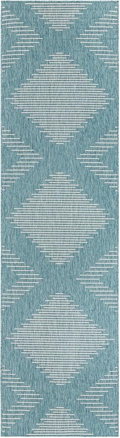 Unique Loom Outdoor Modern Collection Area Rug - Tambor (3' 3" x 12' Runner, Light Aqua/ Ivory)