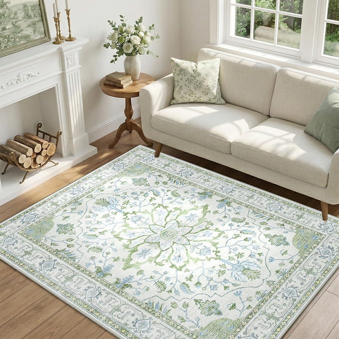 RELEANY Washable Area Rug, 4'x6', Green/White/Blue | Non-Slip, Water Repellent, Pet Friendly, Easy to Clean, Vintage Floral Boho Decor for Living Room Bedroom Kitchen Office