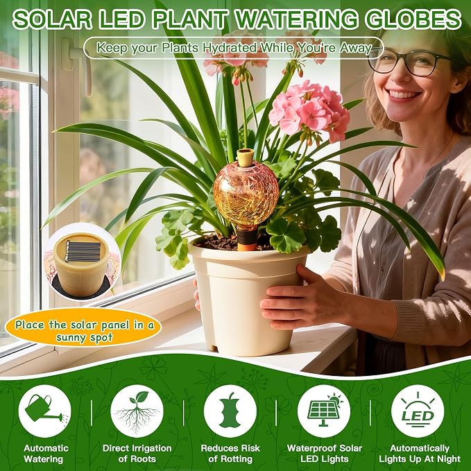 VOREEN Crackle Glass Plant Watering Globe with Terracotta Spike,Self-Watering Irrigation for Potted Plants, with Solar Accent Light for Indoor & Outdoor Décor, 17oz, Yellow–Pink Gradient