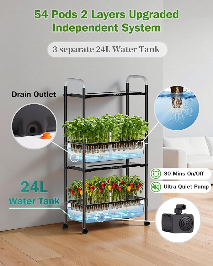Growell 54 Pods Hydroponics Growing System Kit with Independent Water Pump | Vertical Indoor Herb Garden with 2 Light Modes & 2 Timer, Smart Water Circulation, 28L Water Tank, Movable & Space-Saving