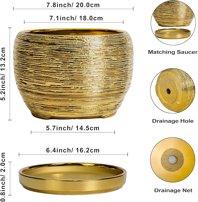 SQOWL Ceramic Flower Pot - 8 Inch Plant Pot Indoor Outdoor, Round Planter with Drainage Hole and Saucer, Decorative Modern Planter, Home Decor, Plant Lovers Gifts, Gold