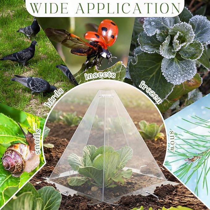 Yalikop 50 Pack Garden Cloches for Plants, Clear Plastic Plant Cloche Covers with 100 Stakes, Reusable Frost Protection Dome for Seedlings, Protect from Snails, Birds, Animals, 7.8" x 11"