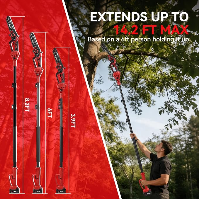 4-in-1 Cordless Pole Saw & Electric Pruning Shears, 8-Inch Pole Saws for Tree Trimming, Electric Pole Saw with 14.2FT Max Extension Pole, 2 * 3.0Ah Battery Powered Pole Saw Pole Branch Cutter Pruner