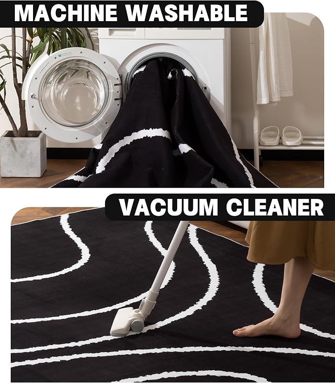 Black Modern Area Rug 6x9,Abstract Rugs for Bedroom,Black and White Geometric Rug,Minimalist Wave Rug,Dark Washable Area Rugs 6x9 Non Slip Rugs for Living Room，Office