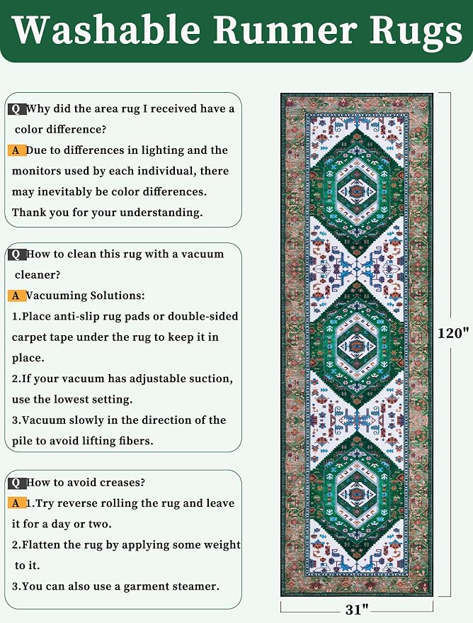 SERISSA 2'6"x10' Washable Non Slip Boho Runner Rug for Hallway，Green White | Ultra Soft Vintage Oriental Carpet Low-Pile Tribal Floor Carpet for Kitchen Bedroom Bathroom Laundry Room