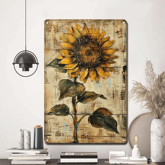 Metal Sign Tin Sign Vintage Wall Art Shabby Chic Sunflower Tin Sign for Rustic Wall Decor Antique Artistry and Distressed Wood Surface Wall Art for Club 12×16 Inches