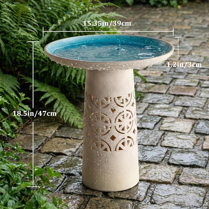Ceramic Bird Bath for Outside, 18.5 Inch Tall Outdoor Birdbath, Lightweight Aesthetic Hollow Bird Baths with Detachable Large Bowl for Outdoors, Garden, Floor, Balcony, and Lawn