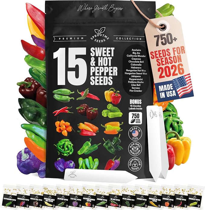 Sweet & Hot Pepper Seeds Variety Pack – 15 Varieties Mixed Heat Garden Collection, Jalapeno, Habanero, Cayenne, Serrano & Bell Types, 750+ Non-GMO Heirloom Seeds for Indoor & Outdoor Planting