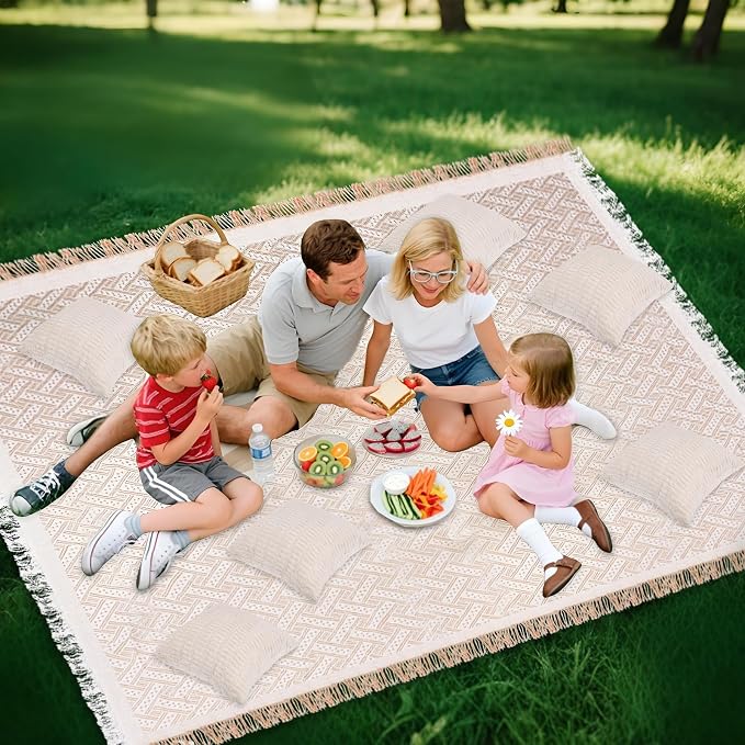 Foxtell 5.9x7.5ft Extra Large Outdoor Boho Picnic Blanket with White Table Runner & 6 Pillow Covers, Machine Washable Picnic Blankets Outdoor Blanket for Summer Picnic Camp Beach Wedding