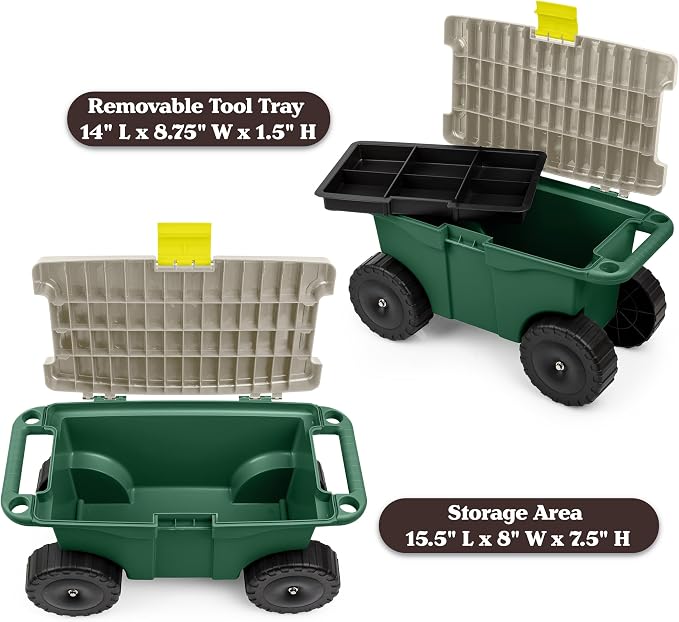 Rolling Garden Cart with Seat - Plastic Storage with Bench and Interior Tool Tray - Gardening Stool for Weeding and Planting By Pure Garden (Green)
