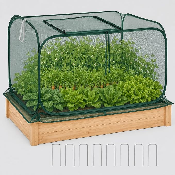 Collapsible Pop-Up Mesh Garden Cover（47''x47''x47''for Square Raised Beds-30% Sunblock，Protective Netting Cage for Vegetables, Fruits & Flowers, Keep Birds and Small Animals Out