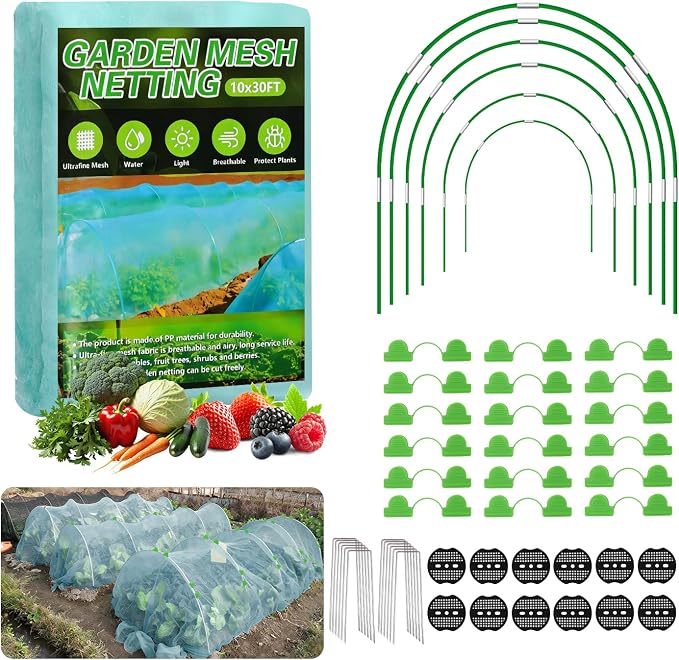 Garden Mesh Netting Kit, 10x30FT Green Ultra Fine Netting & 6 Sets 8FT Fiberglass Garden Hoops with Stake, Garden Netting with Frame for Raised Beds, Garden Hoops and Netting, Row Cover, Plant Barrier