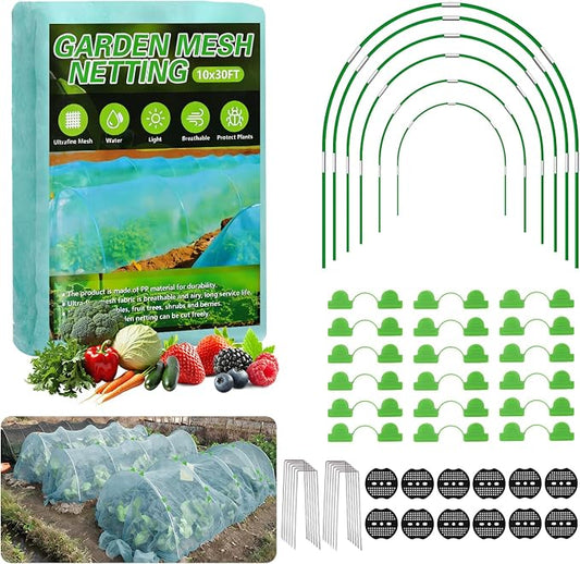 Garden Mesh Netting Kit, 10x30FT Green Ultra Fine Netting & 6 Sets 8FT Fiberglass Garden Hoops with Stake, Garden Netting with Frame for Raised Beds, Garden Hoops and Netting, Row Cover, Plant Barrier