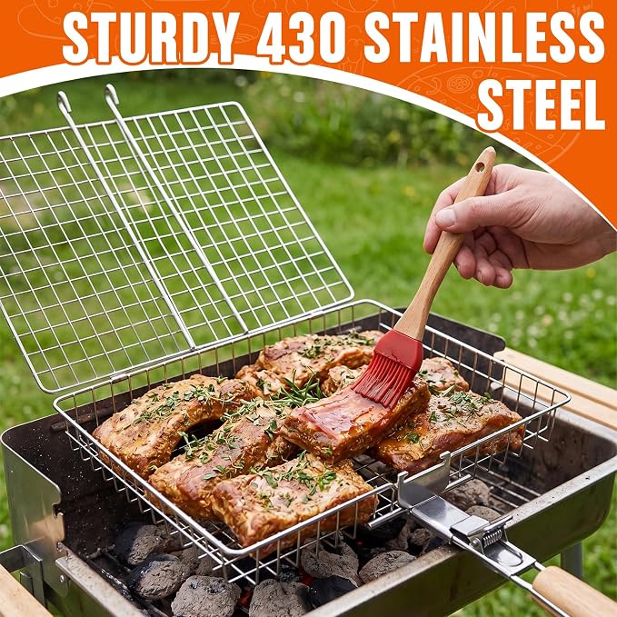 Havawish 3 Pcs BBQ Basket Grill Set 430 Stainless Steel Rectangular Grill Basket with Removable Wooden Handle 2 Rolling Cylinder Baskets for Vegetables Fish Meat Outdoor Grilling Gift for Dad Husband