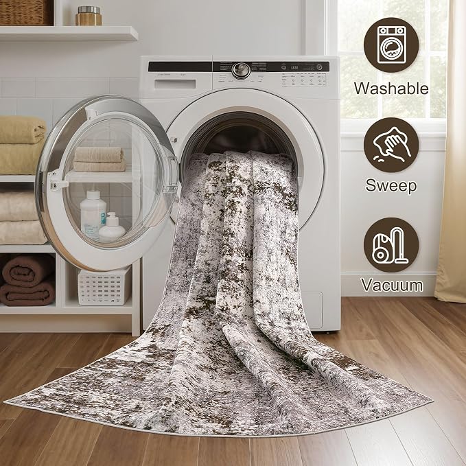 DMOYEST 9x12 Area Rug for Living Room Washable Abstract Indoor Carpet | Neutral Modern Low Pile Rugs Kid & Pet Friendly Large Soft Thin Carpet for Bedroom Dining Room and Office - Dark Brown
