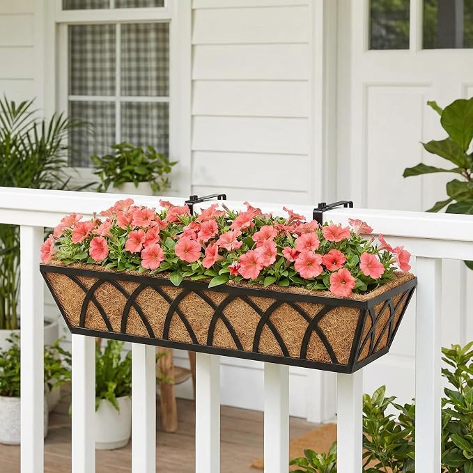 Y&M Hanging Railing Planter Boxes 4 Pack, 24 Inch Adjustable Balcony & Deck Planter, Heavy Duty Metal Flower Box for Porch, Fence & Window, Outdoor Plant Holder