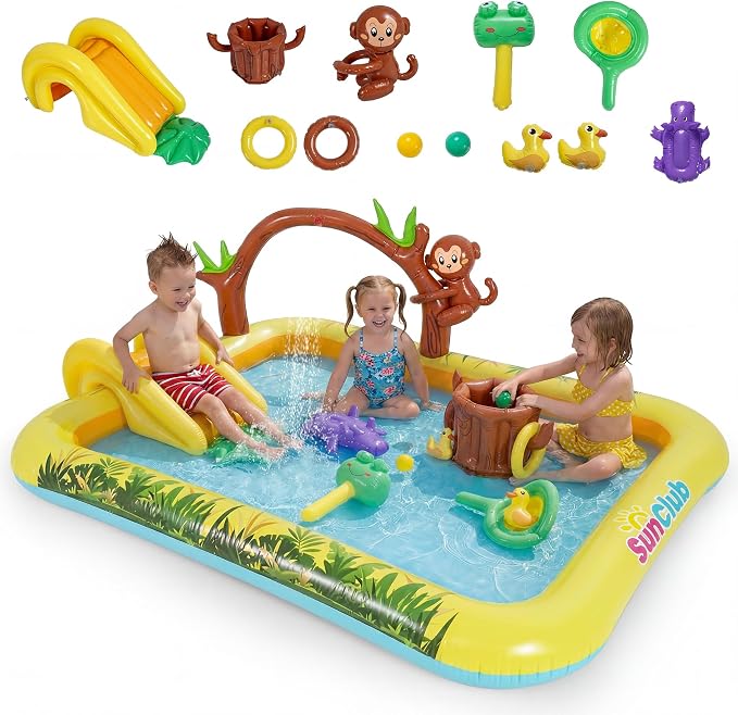 GLACER Kiddie Pool with Slide, Baby Pool with 11 Jungle Animal Toys | Inflatable Play Center with Arch Sprinkler, Repair Patches, PVC Outdoor Toddler Splash Pad for Backyard, Garden and Poolside