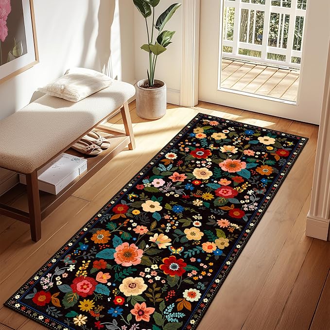 Floral Washable 2x6 Area Rugs Runner Entryway Hallway Black | Flower Carpet, Print, Boho, Non-Slip, Easy to Clean, Low Pile, Soft, for Living Room Bedroom Kitchen Office Entrance