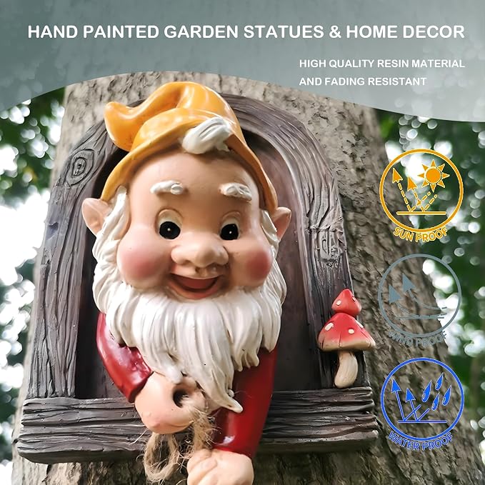 Elenon Climbing Gnomes Tree Faces Decor, Adorable Gnome Tree Hugger Fairy Garden Statue, Funny Peeker Sculpture Outdoor Yard Patio Art (2 Pack)