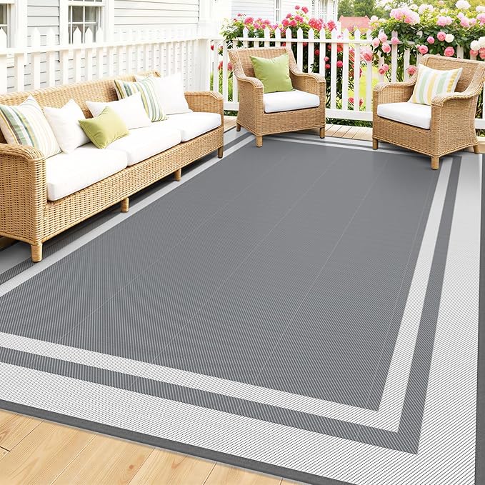 Mattitude Outdoor Rug Reversible Portable Plastic Straw Camping Rugs for Outside RV,Large Waterproof Outdoor Area Rugs for Patio,Deck,Porch,Balcony(8'x 10',White&Gray)