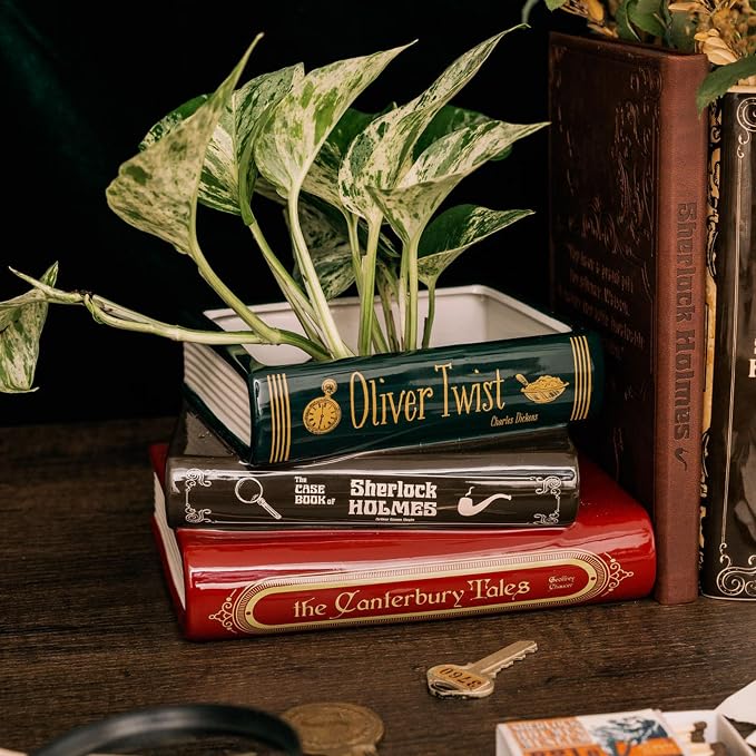 Steel Mill & Co Original Small Book-Shaped Decorative Planter, Ceramic Planter for Home Decor, Bookshelf Decor, or Father's Day (Oliver Twist/Sherlock Holmes/The Canterbury Tales)