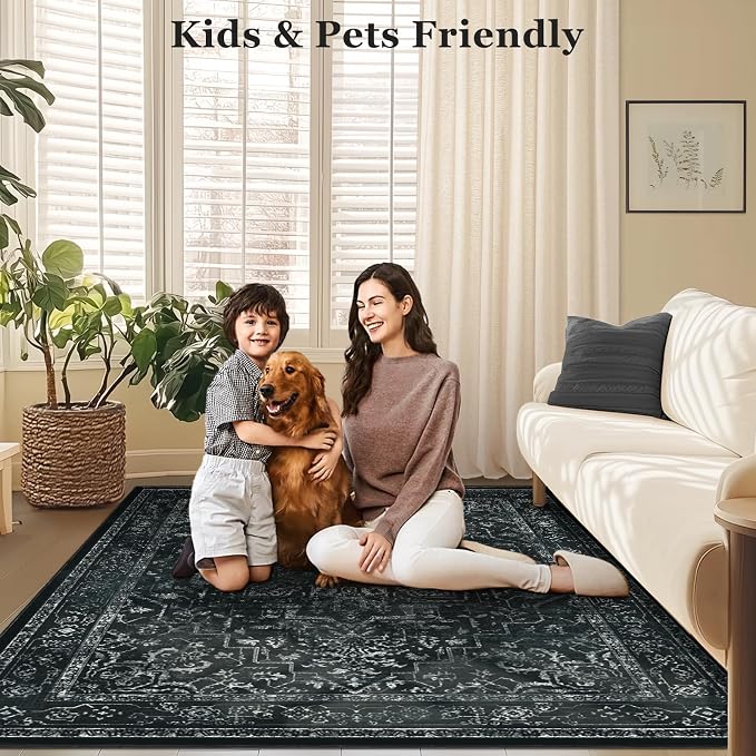 Black Vintage Distressed 8x10 Area Rugs for Living Room, Washable Non Slip Bedroom Rugs Under Bed Faux Wool Soft, Dark Medallion Pinted Thin Carpet for Dining Room Home Office