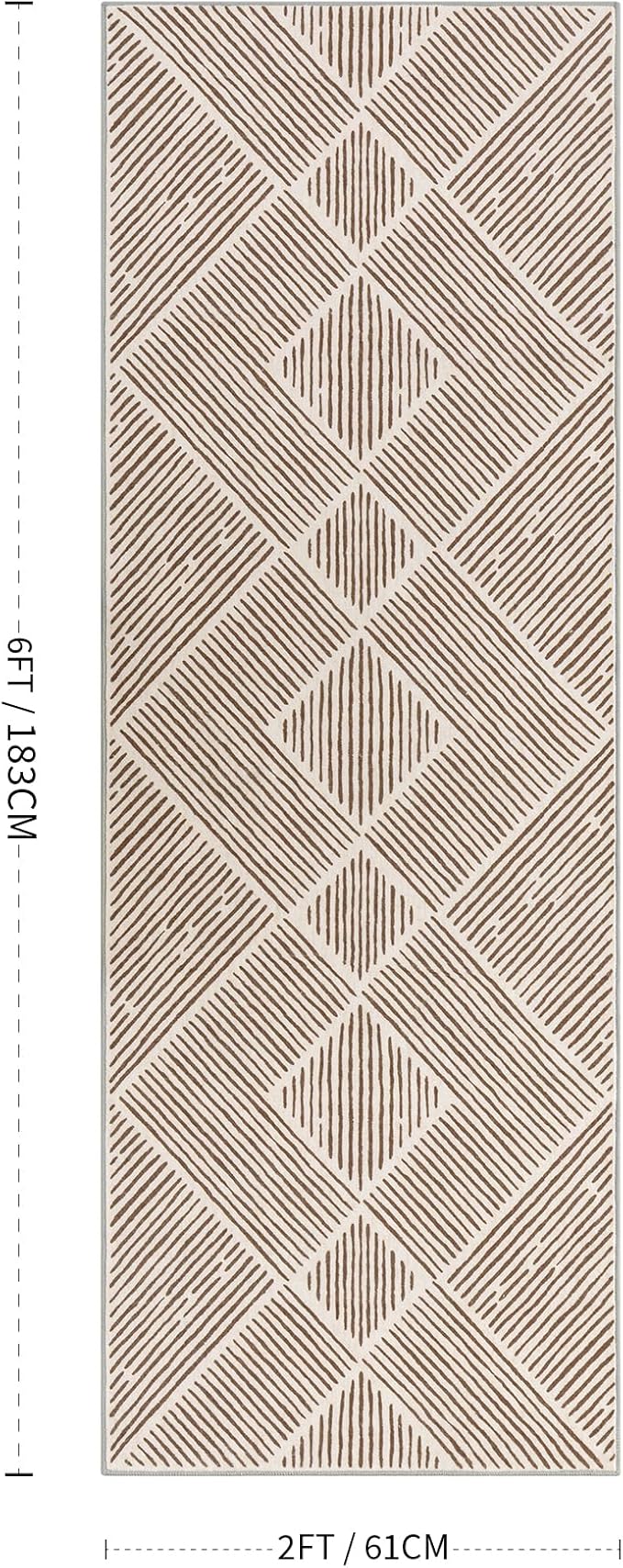 2‘x6' Washable Brown and Cream Runner Rug for Kitchen Hallway | Non-Slip, Low Pile, Stain Resistant, Farmhouse Tan Geometric Long Rug for Entryway Bedroom
