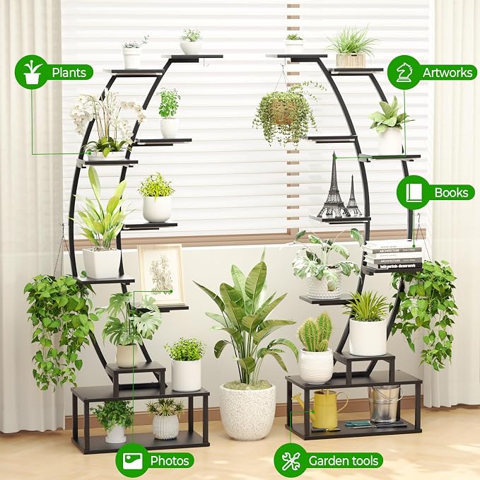 Plant Stand Shelf Indoor with 8 Grow Light, 10 Tiered 65" Tall Black Large Half Moon Lighted Plant Rack Holder, 2 Pack Big High Circular Arch Multi Herb Stand with Built in LED Grow Light Set