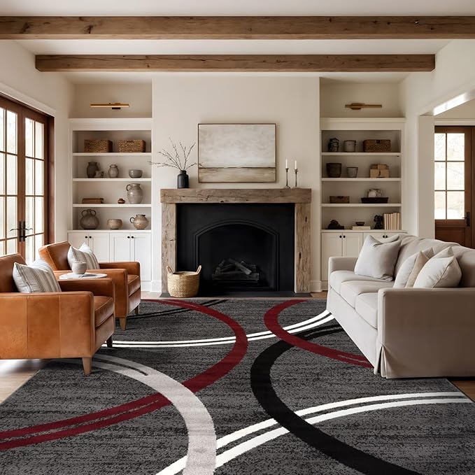 Rugshop Wavy Circles Modern Non-Shedding Living Room Area Rug Red 10' x 14' | Rectangular, Size 10' x 14', Bedroom, Dining Room, Home Office, Kitchen, Entryway, Hallway, Nursery, Kids Room, Guest Room