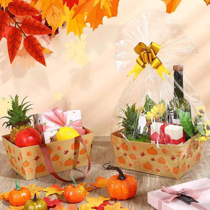 Qinyoung 12 Pcs Fall Basket for Gifts Empty 9.8 x 6.5'' Pumpkin Maple Leaves Gift Basket Empty to Fill with Handles, Bows, Plastic Bags and Twist Ties for Autumn Thanksgiving Party Favor Supplies