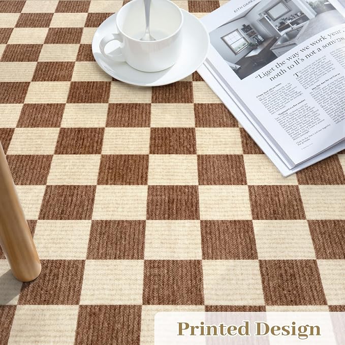 LIVEBOX 8x10 Area Rugs for Living Room, Checkered Non-Slip Washable Rugs, Farmhouse Neutral Classic Geometric Pattern Large Boys Area Rug for Bedroom, Carpet for Dining Room Office(Dark Brown,8'x10')