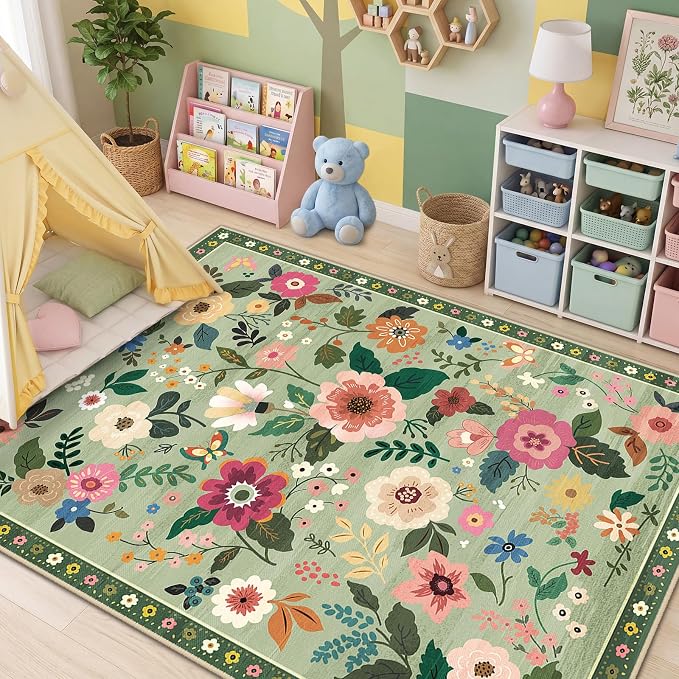 RELEANY Floral Washable 8x10 Area Rugs LightGreen | Flower Carpet, Print, Boho, Non-Slip, Easy to Clean, Soft, Low Pile for Living Room Bedroom Kitchen Office Entryway Hallway