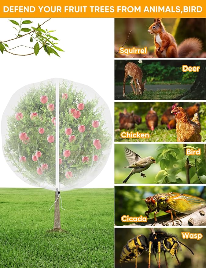 VITI Fruit Tree Netting for Cicadas - with 4Pcs 8Ftx5.3Ft Zipper&Drawstring Protection for Your Fruit Trees Garden Bird Netting Covers Blueberry Bush Tomato Bug Plant Protection Cherry Apple Tree