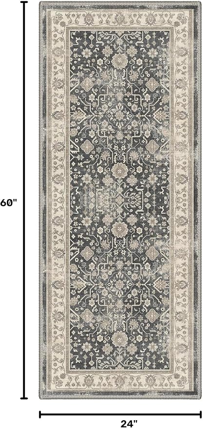 2X5 Washable Hallway Runner Rug, Boho Oriental Floral Non Slip | Dusty Charcoal Floral Runner, Soft Faux Wool Rug for Corridor Kitchen Entryway,Stain Resistant,Pet-Friendly,Non-Shedding