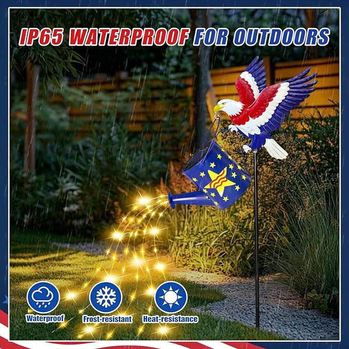 Solar Eagle Garden Lights Outdoor Decorations, Patriotic Watering Can Light with Cascading Fairy Lights, Solar Garden Decor for 4th of July, Memorial Day, Veterans Day, Yard, Patio, Lawn, Flower Bed