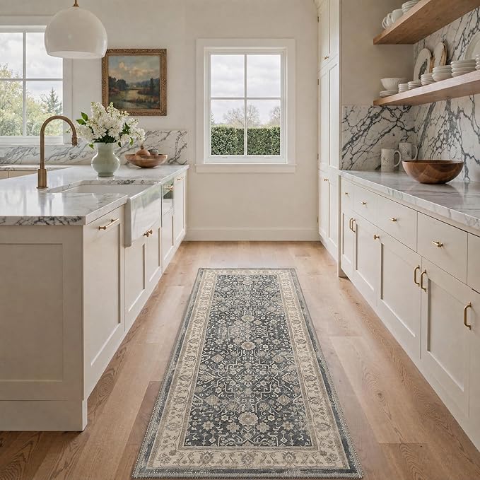 2X5 Washable Hallway Runner Rug, Boho Oriental Floral Non Slip | Dusty Charcoal Floral Runner, Soft Faux Wool Rug for Corridor Kitchen Entryway,Stain Resistant,Pet-Friendly,Non-Shedding