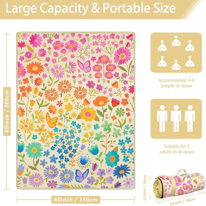 Floral Picnic Blankets Waterproof Foldable, 60″X80″ Packable Picnic Mat Flowers Outdoor Blanket for Grass, Large Beach Blanket Sandproof Picnic Accessories for Camping Music Festival Park Lawn Travel