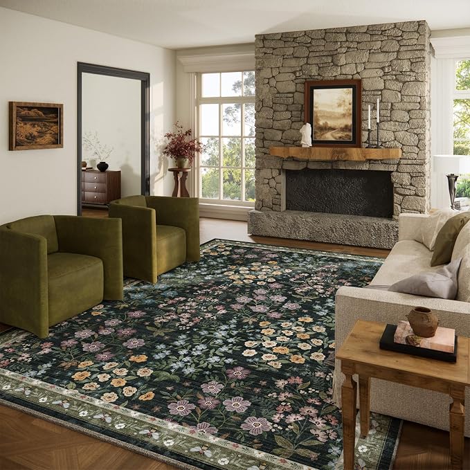 8x10 Area Rugs for Living Room: Washable Rug for Bedroom Vintage Stain Resistant Non Slip Low Pile Lightweight Soft Carpet for Kitchen Dining Room Farmhouse Kids Room Nursery Indoor