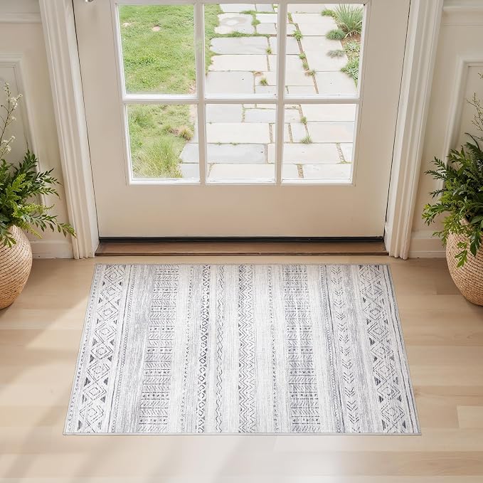 cotiled Washable 2x3 Entryway Rugs: Boho Moroccan Soft Small Rug | Solve Modern Neutral Trendy Home Decor - Low Pile Stain Resistant for Bathroom Entryway Kitchen Laundry Room Dark Grey