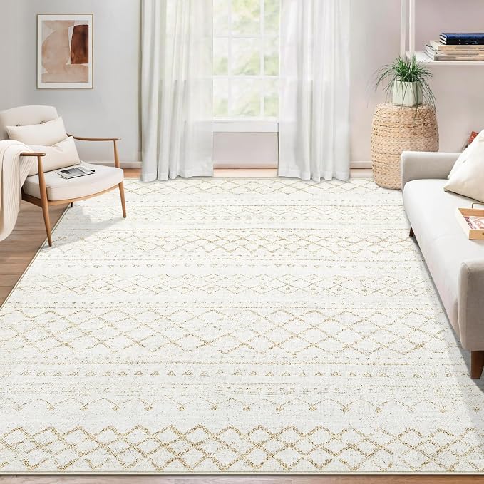 Area Rug 4x6 Geometric Rugs: Washable Boho Moroccan Rug Modern Neutral Stain Resistant Rugs Soft Farmhouse Indoor Floor Carpet for Living Room Bedroom Dining Table Nursery(Beige,4X6)
