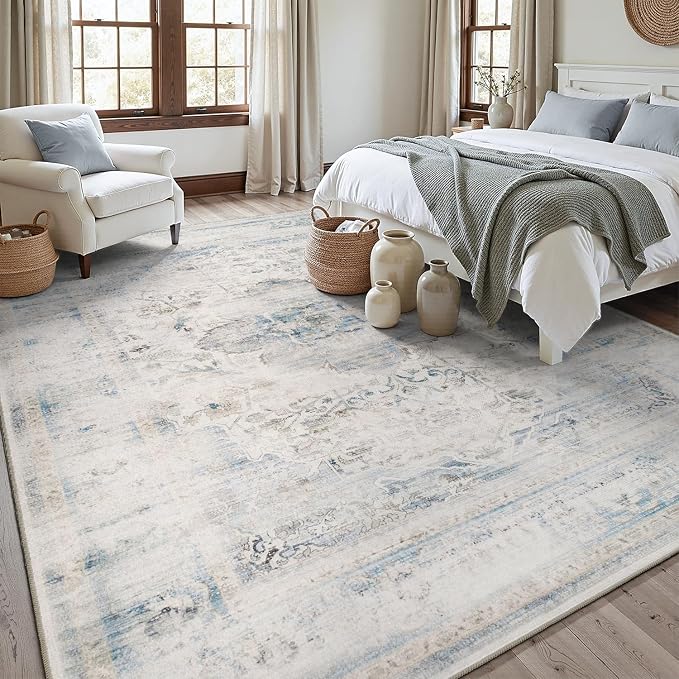 DCX Washable 6x9 Haze Blue Rug Stain Resistant Distressed Vintage Rug | Kid & Pet Friendly with Rubber Back Non Slip Soft Low Pile Large Carpet for Living Room, Bedroom, Home Office