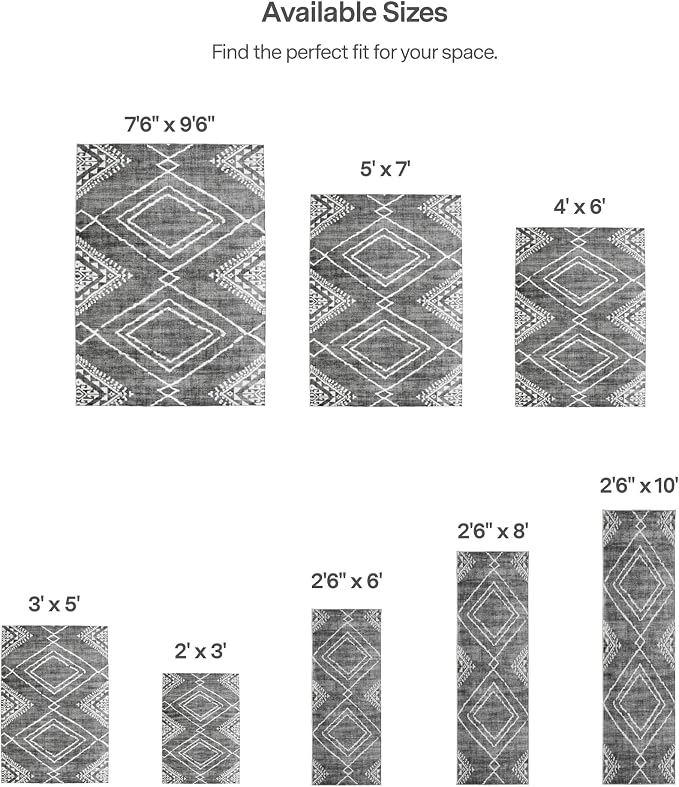 Machine Washable Area Rug Runner - Living Room Bedroom Bathroom Kitchen Entryway Office - Padded Low Pile Stain Resistant Premium - Moroccan Diamond Tribal - Jax - Gray 2'6" x 10'