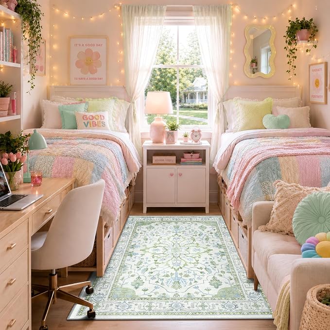 RELEANY Washable Area Rug, 4'x6', Green/White/Blue | Non-Slip, Water Repellent, Pet Friendly, Easy to Clean, Vintage Floral Boho Decor for Living Room Bedroom Kitchen Office