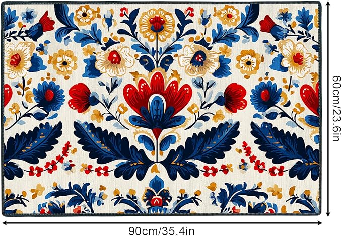 Red and Blue Floral 2x3 Entryway Rug,Non-Slip Washable Door Mat for Kitchen,Bathroom Front Door - Rubber Backing Stain Fade Resistant - Traditional Cottage Style Home Decor