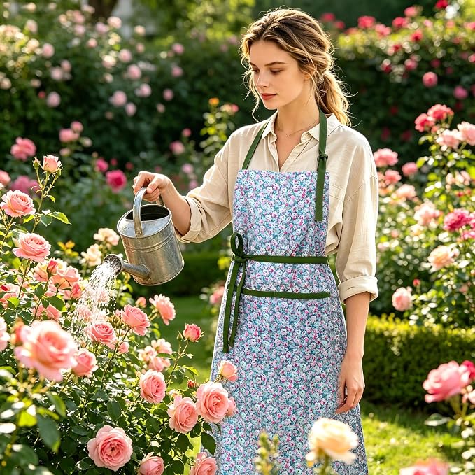 Women's Vintage Floral Kitchen Apron for Cooking & Gardening | Adjustable Neck Straps & Large Pockets, Cute Pinafore for Baking Tea Time, Practical Hostess Gift(Sage Pink)