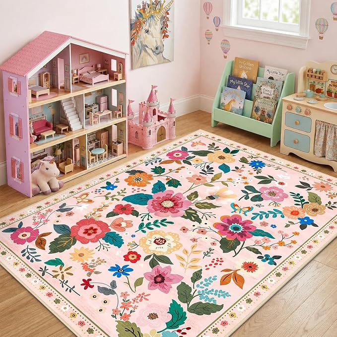RELEANY Floral Washable 6x9 Area Rugs Pink | Flower Carpet, Print, Boho, Non-Slip, Easy to Clean, Soft, Low Pile for Living Room Bedroom Kitchen Office Entryway Hallway