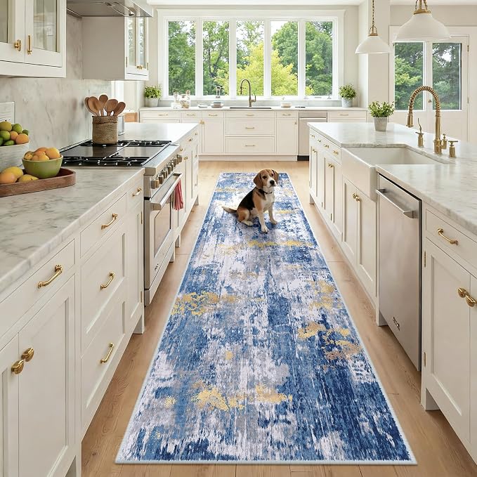 RELEANY Washable Runner 2'6"x10' Abstract Area Rug for Hallway Blue Gold | Carpet for Kitchen, Entryway, Bathroom, Living Room, Bedroom, Printed Pattern, Non‑Slip, Soft, Stain‑Resistant, Easy to Clean